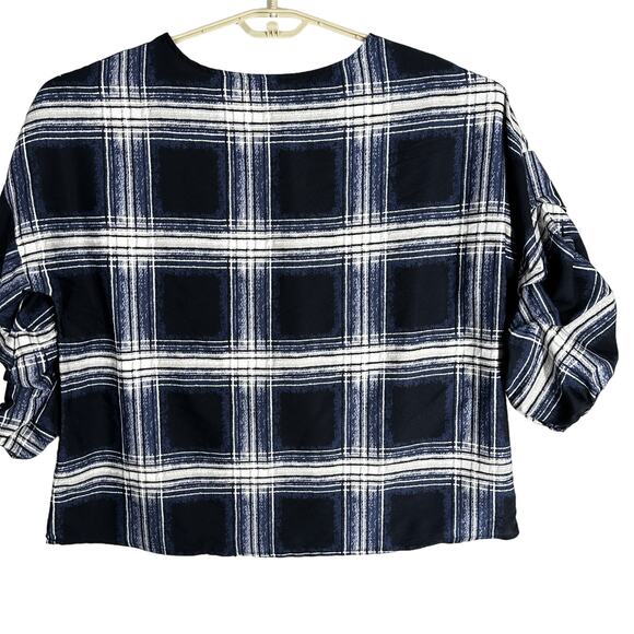 Maggie Max Women Boxy Top Plus 1X Blue Gray White Plaid Academia Preppy - Picture 2 of 10